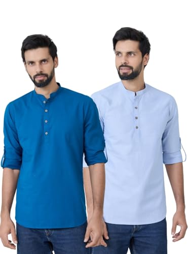 Image of See Designs Men's Roll-Up Sleeve Mandarin Collar Cotton Solid Short Kurta (Pack of 2) - Festive Collection