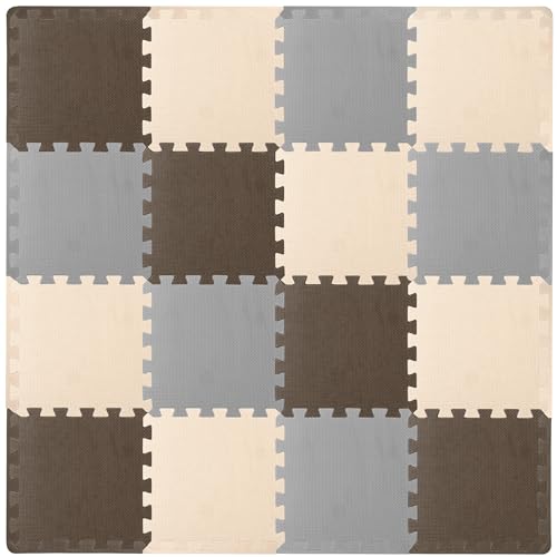 ProSource Foam Puzzle Floor Play Mat for Kids and Babies with Solid Colors, 36 or 16 Interlocking Tiles with Borders, Brown/Beige/Grey