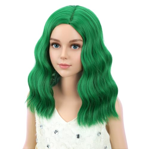 Image of PATTNIUM Kids Child Green Wig Short Curly Wavy Wig for Girls Dark Green Wigs Synthetic Hair Wigs