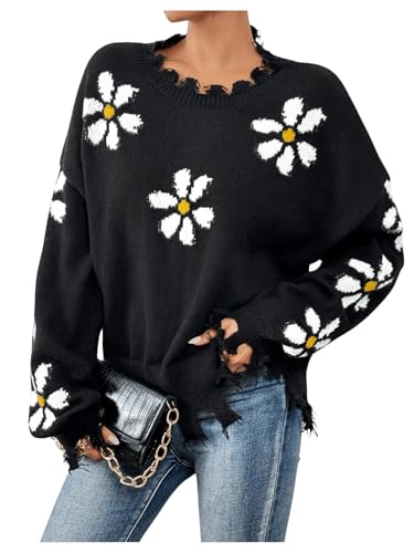 Image of SweatyRocks Women's Floral Print Sweaters Long Sleeve Ripped Crewneck Asymmetrical Hem Drop Shoulder Knit Pullover Tops Black Medium