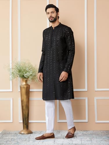 Image of See Designs Men's Long Sleeve Mandarin Collar Side Slit Embroidered Thread Work Sequinned Chanderi Silk Straight Kurta with Pyjama