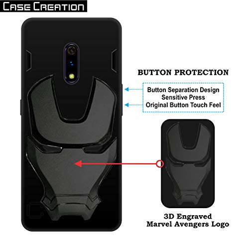 Image of COVERLY Official 3D Touch Feel Trending Avengers Logo Mask Soft Rugged Grip Silicone Iron Man Super Power Cartoon Movie Engraved Silicone Matte Back Cover for Realme X (6.53 inch) - Black