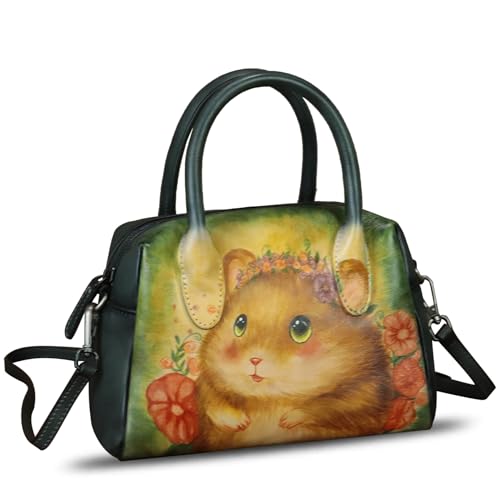 Image of Genuine Leather Handbag for Women Hand Painted Top Handle Purse Retro Handmade Satchel Vintage Crossbody Hobo Bag