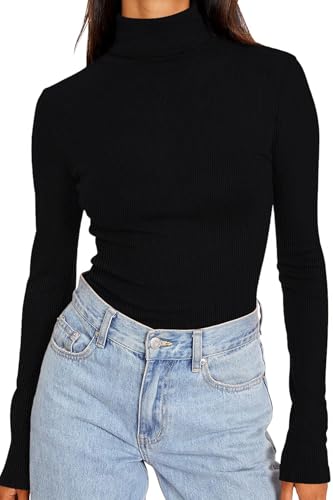 DUOEASE Camiseta Manga Larga Mujer Slim Fit Otono Invierno Camiseta Básico Sólido Jersey Cuello Alto Mujer (Negro M)