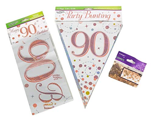 90th Birthday Decoration Kit Age 90 Decorations Banner Bunting Confetti Rose Gold FANCYDRESSCOZ FDC Him Her Men Women