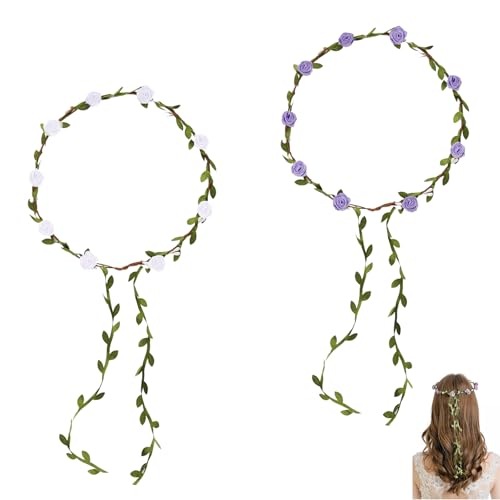 2 Stück Blumenkranz Haare Blumenkränze Fürs Haar Stirnband für Mädchen Hochzeit Festival Haarschmuck(Weiß + Lila)