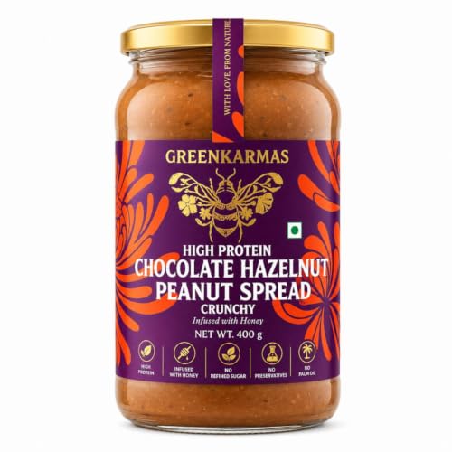 Image of GreenKarmas Hazelnut Chocolate Peanut Butter 400g, High Protein Peaunute Butter with crunchy texture, No Refined Sugar, No Palm Oil