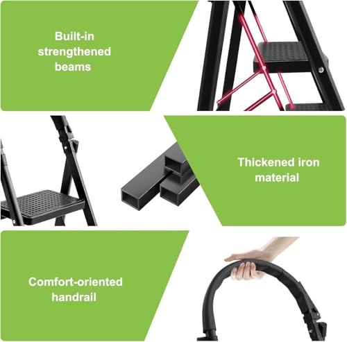 Image of BESTONE Foldable Step Ladder, Sturdy Steel Folding Stool with Wide Anti-Slip Pedals for Home, Kitchen, Garden & Office(Black ) (5 steps)