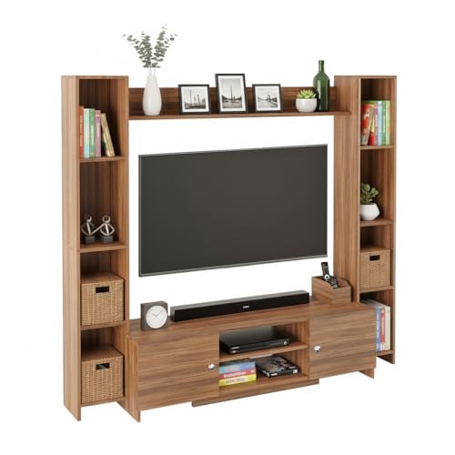 Image of FURNEASER Decoria Wooden TV Cabinet Unit with Side Bookshelf & Storage | Modern Entertainment Center for Living Room | TV Stand for Up to 43-50 Inch TV (Exotic Teak)