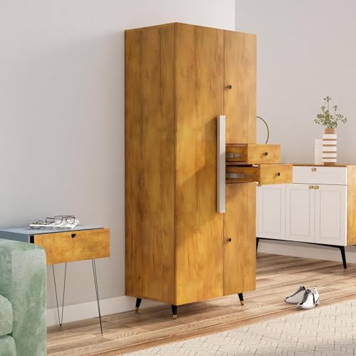 Image of Bniture 3 Door Wooden Wardrobe for Bedroom | Almirah for Clothes with 3 Shelves & 2 Hanging Sections | Full Height Storage Cupboard for Bedroom | Storage Cupboard with Long Bar Handle | Giant Wood
