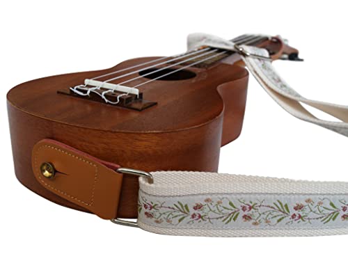 Image of MUSIC FIRST Original Design Vintage Floral Embroidered & Genuine Leather Ukulele Strap Ukulele Shoulder Strap With a MUSIC FIRST Genuine Leather Strap Locker (Creamy White Floral)