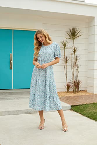 Image of GRECERELLE Women's Spring Summer Casual Loose Round Neck Boho Dress Ruffle Puff Sleeve High Waist Midi Dress