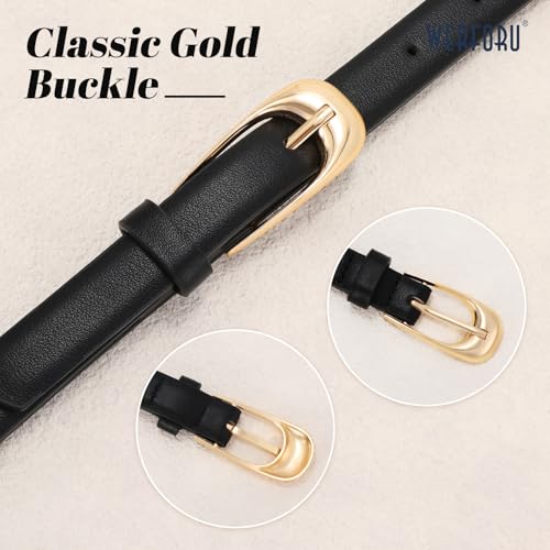 WERFORU Skinny Leather Belt for Dress Jeans Women Thin PU Leather Belt with Fashion Gold Buckle,black,0.7" Width3
