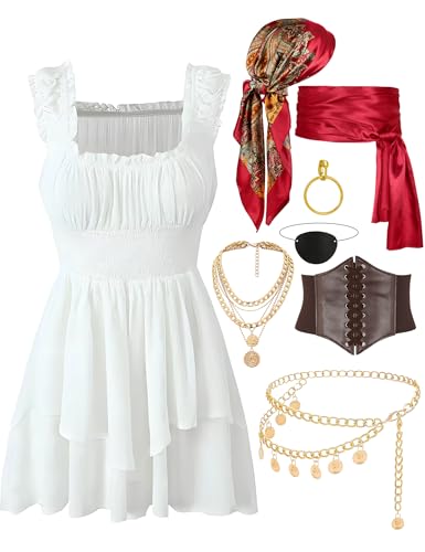 Pirate Costume Women Dress Corset Head Scarf Sash Chain Belt Necklace Eye Patch Party Outfit Pirate Accessories