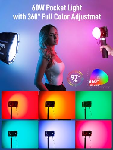 Image of COLBOR W60R RGB Video Light, 60W 2700-6500K Full Color Pocket COB Continuous Output Lighting LED Studio Light CRI97+ TLCI98+ with APP Control for Photography