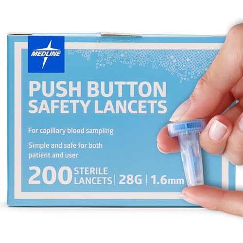Image of Medline Sterile Safety Lancets with Push-Button Activation, 28G x 1.6 mm, Box of 200: Dependable Blood Sampling Device for Blood Glucose Testing