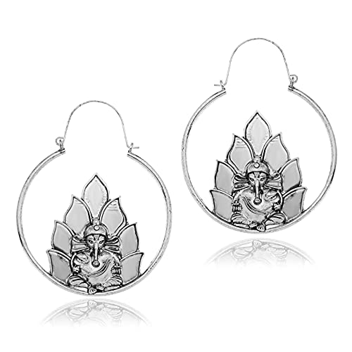 Lord Ganesha Elephant Hoop Earrings Ganesh Idol Hindu God Indian Ethnic Traditional Pooja Jewelry Jhumka Yoga Pray Studs Dangle Belly Dance Vintage Silver - Main Image