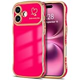 Hython for iPhone 16 Case Wave Wavy Phone Cases with Love Heart, Luxury Plating Edge Cute Curly Shape Cover for Women Girls, Thin Slim Soft TPU Rubber Shockproof Protective Cover, Hot Pink