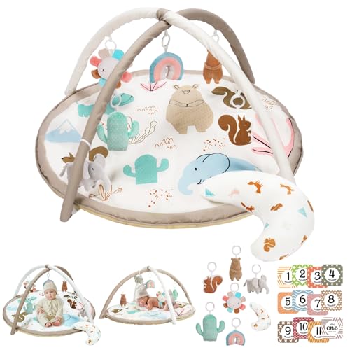 Image of Little Tikes Baby Play Gym with 7 Toys and 12 Milestone Cards, Velvet Fabric Tummy Time Pillow, Animal Design Tummy Time Mat, Non Slip, Washable