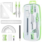Zonon Math Geometry Set 10 Pcs Student Supplies with Shatterproof Storage Box, Includes Rulers Protractor Compass Pencil Sharpener Lead Refills Eraser Pencil for Drafting and Drawings(Green)