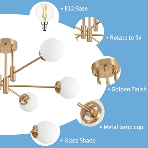 Image of Gold Sputnik Ceiling Light Fixture 6 Light with Milk White Glass Shade