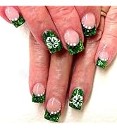 St Patrick's Day Press on Nails Short Square Shaped Fake Nails White Dots Green Shamrock Designs ...