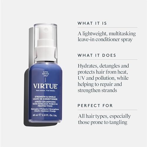 Image of VIRTUE Correct Strength & Shield Leave-In Conditioner Spray, 2 Fl Oz | Detangler, 450F heat protection, UV defense, travel size, all hair types, repairs with Alpha Keratin 60KU, coconut fragrance