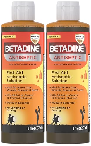 Betadine Antiseptic Povidone Iodine Solution 8 Fl Oz Pack of 2 Kills Germs in Minor Cuts/Scrapes/Burns Povidone Iodine Liquid No Sting No Alcohol or Hydrogen Peroxide