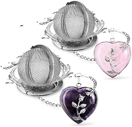 NSTaygate 2pcs Tea Infuser Tea Strainers for Loose Tea Amethyst & Rose Quartz Crystal Heart Pendant Infinity Love Heart Couple Handmade Gemstone Tea Ball Set Gifts for Women Gifts for Mom