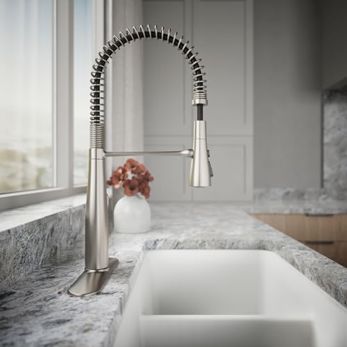 Image of KOHLER 22033-VS Simplice Semi Professional Kitchen Sink Faucet, Pre-Rinse Kitchen & Commercial Faucet, Vibrant Stainless, 9 inch x 9-1 /4 inch x 21-5 /8 inch