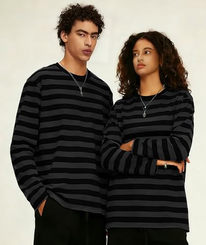 Image of KESIHAN Mens Striped Long Sleeve Shirt Crewneck Casual T-Shirt Basic Stripe Cotton Spandex tee Shirt