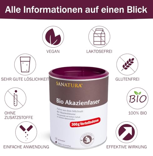 Sanatura Akazienfaser Pulver Bio – 300 g – wertvoller Ballaststofflieferant aus Akazienfasern - lösliche Ballaststoffe - vegan, glutenfrei und fructosefrei – gut verträglich