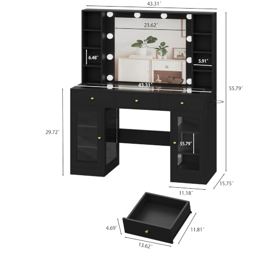 Image of HUANLEGO Black Vanity Desk with Mirror and Lights, Glass Top Vanity with Lighted Mirror & RGB Glass Cabinet and 3 Drawers, Makeup Vanity Desk with Lights Dressing Table for Bedroom, 3 Color Modes