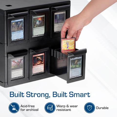 Image of BCW 6 Drawer Card Catalog - Black | Stackable Trading Card Organizer Box | Holds Sports Cards, Gaming Cards, Toploaders & Magnetics | Heavy-Duty Black Plastic Storage with Dividers