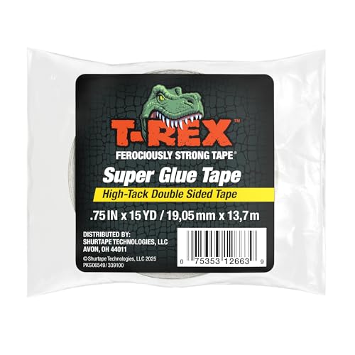 T-Rex Double Sided Super Glue Tape, 0.75' x 15 Yards, Clear, 1 Pack (287704)