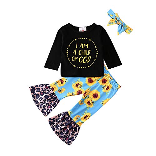 Newborn Infant Baby Girls Clothes Ruffle Long Sleeve Solid T-Shirt Tops+Cheetah Pants Autumn Clothes Outfits (Black 16, 1-2 T)