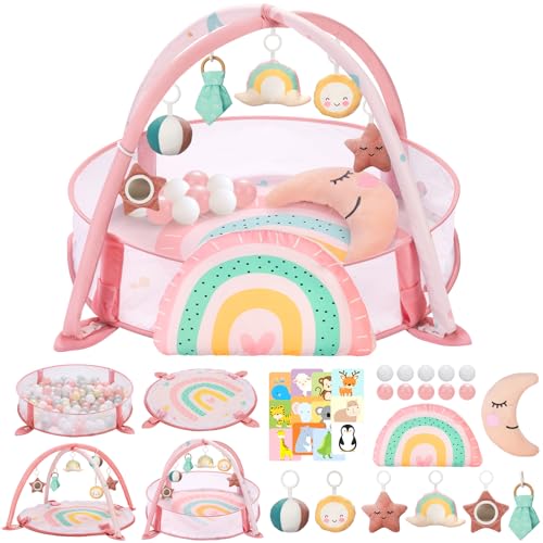 Image of Foryoomi 7-in-1 XL Large Baby Play Gym Mat, Tummy Time Mat, Baby Gym & Ball Pit, Baby Activity Mat with Milestone Cards & 6 Detachable Toys for Sensory Motor Skill Development Rainbow