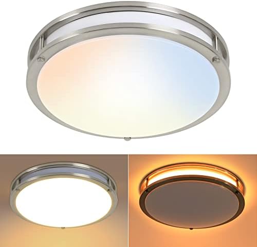 13 inch Flush Mount LED Ceiling Light, with Night Light (2200K 5W), 5CCT(2700-5000K Adjustable), 23W, 1300LM, 80CRI, Dimmable, Brushed Nickel Saturn Lighting for Hallway or Stairwell, ETL Listed