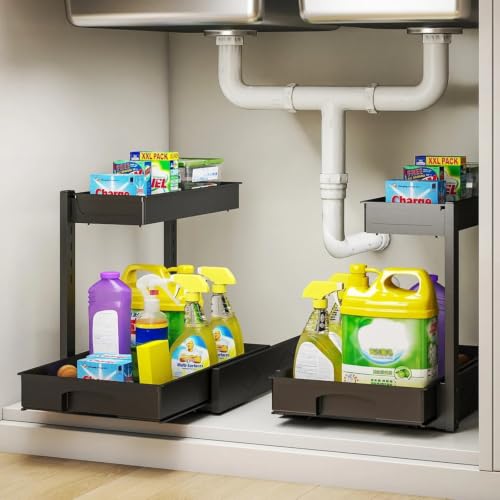 Organizador Bajo Fregadero 2Pack, Organizador de Metal L en Forma de L con Cajones Extraíbles Negros – Para Cocina y Baño, Capacidad 50 lb miniatura 7