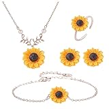 QITHGYD Juego de 4 joyas de girasol para mujer, collar, pendientes, anillo y pulsera, disfraz de flores, accesorios para mujer, verano, playa, festival, boda, regalo para los fans del disfraz de