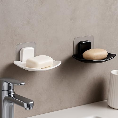 Image of Wall Mounted Soap Dish Holder, Self Adhesive, Curved Tray Design, Bathroom Organizer, Available in White and Black
