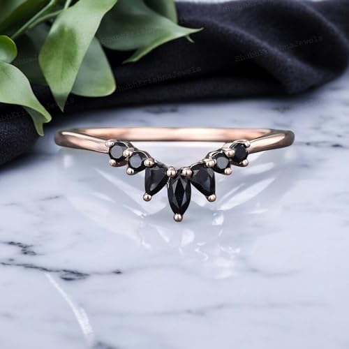 Black Onyx Women Anniversary Promise Band 18K Rose Gold Art Deco V Shape Band Natural Gemstone Bridal Wedding Jewelry Mother's Day Gift Band3