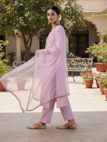 Image of Avanshee Women's Chanderi Cotton Silk with Zari Embroidery Kurta & Silk Crepe Pant Set And Net Dupatta Ethnic Wear Salwar Suit Set (ES 7539)