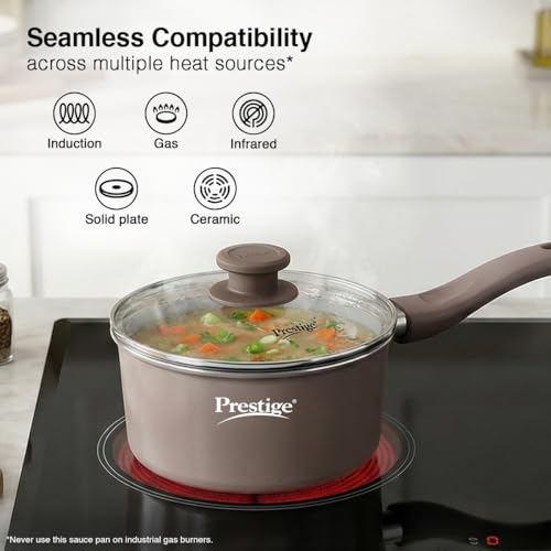 Image of Prestige Ceraglide Duo Sauce pan 16Cm /1.4L with Glass Lid Non-Stick Ceramic Coating|Works On Gas & Induction|High Heating|Cool Touch Handle|Grey