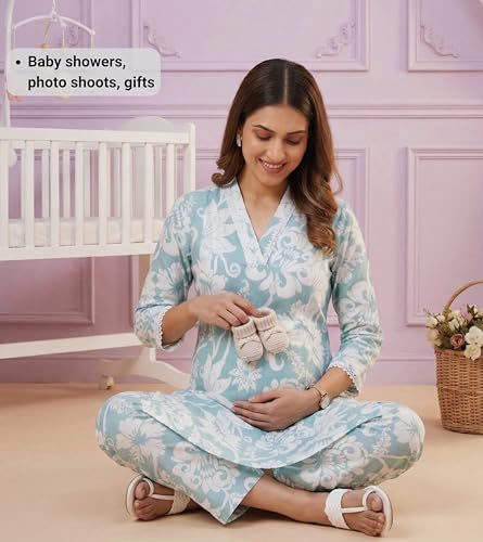Image of DUMMY SHAPE Maternity Dresses for Women Cotton | Floral Kurta Pant Dupatta Set with Nursing Zippers, Side Pocket | Pre & Post Pregnancy | Feeding Kurti Suit | Baby Shower | Gifts for Pregnant Woman