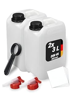 Trevendo 2er-Set Wasserkanister - Leerkanister - Kunststoffkanister (3 Liter, DIN 45, Ø35 mm) - lebensmittelecht & BPA-frei - inkl. Deckel, 2 Auslaufhähne, Ringschlüssel & 5 Beschriftungsetiketten