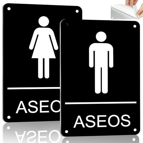 ROUMIO Cartaz de casa de banho para homens e casas de banho para mulheres de alumínio - 10 x 15 cm - com autocolantes autoadesivos e orifícios reservados - Robustas e duradouras (sinal de casa de