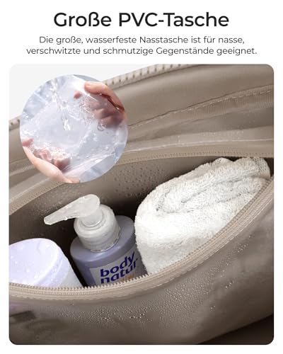 BAGSMART Puffer Reisetasche, Sporttasche Damen 24L Weekender Wickeltasche Wasserabweisend Travel Bag Handgepäck Gym Bag Kliniktasche Geburt Krankenhaustasche Mit PVC Nasse Tasche Für Fitness, Kamel 4