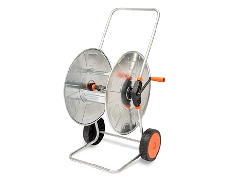 Carrello avvolgitubo con ruote in plastica, adatto a medie superfici; rullo e telaio in acciaio zincato per tubo 100 m da 1/2 e 80 mt da 3/4