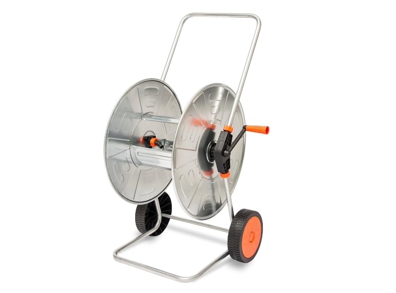 Carretilla de manguera con ruedas de plástico, adecuada para superficies medias; rodillo y marco de acero galvanizado para tubo de 100 m de 1/2" y 80 m de 3/4"